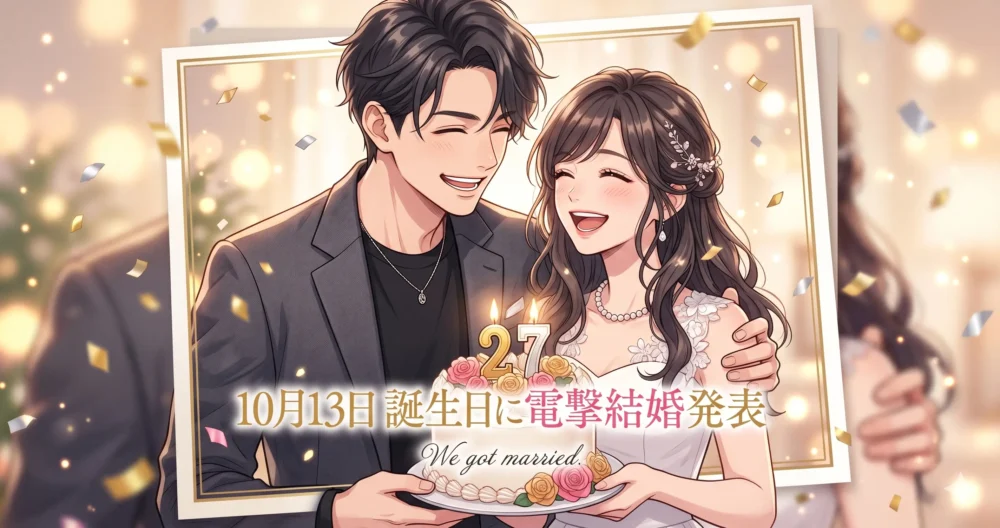 2024年10月13日の山本舞香の27歳誕生日に、SNSで「We got married.」と電撃結婚発表した様子をイメージしたウェディングイラスト。