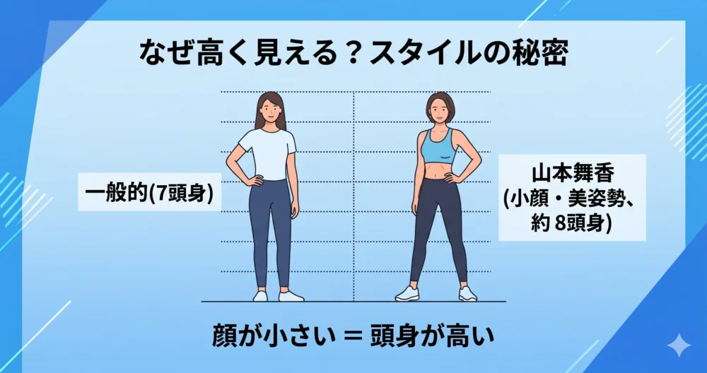 山本舞香が身長155cmでも背が高く見える理由を図解。小顔による頭身バランスと姿勢の違い。