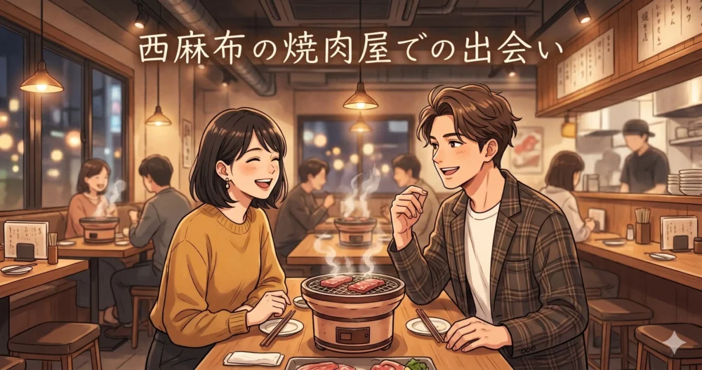 西麻布の焼肉屋での出会いから4〜5年の友人期間を経て結婚に至った、山本舞香とHiroの馴れ初めをイメージしたイラスト。