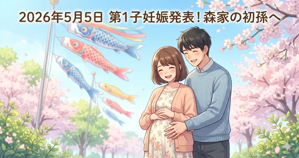 2026年5月5日のこどもの日に発表された山本舞香の第1子妊娠と、森進一・森昌子夫妻の初孫誕生を祝うファミリーイラスト。