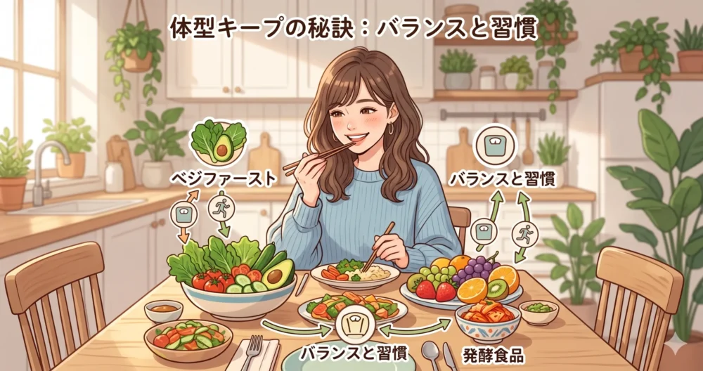 山本舞香の体型キープ法。ベジファースト、フルーツ、発酵食品（キムチ）を取り入れた食事習慣。