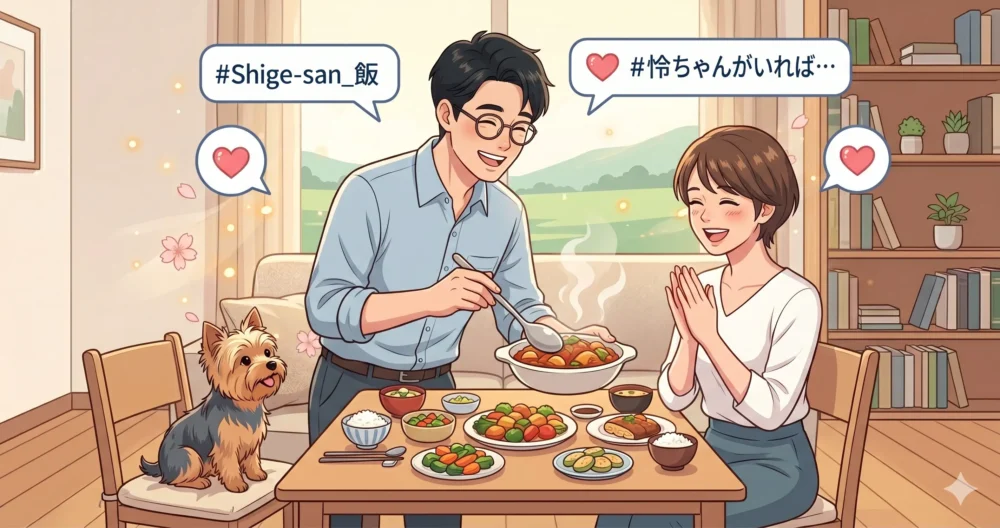 夫が作った手料理をダイニングテーブルで仲良く食べる笑顔の夫婦のイラスト。山崎樹範と吉井怜の仲睦まじい現在の日常。