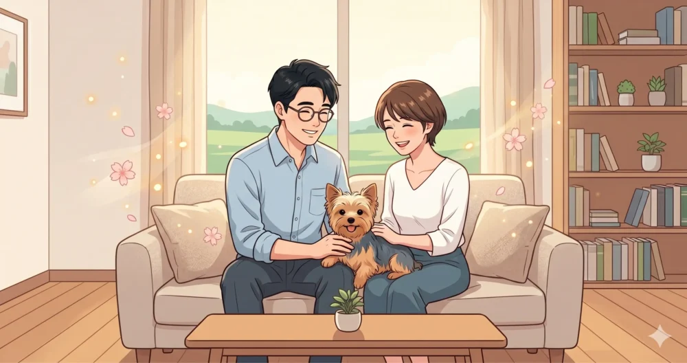 リビングのソファで愛犬のヨークシャーテリアを抱きながら、笑顔でくつろぐ夫婦のイラスト。山崎樹範と吉井怜の家族のカタチ。
