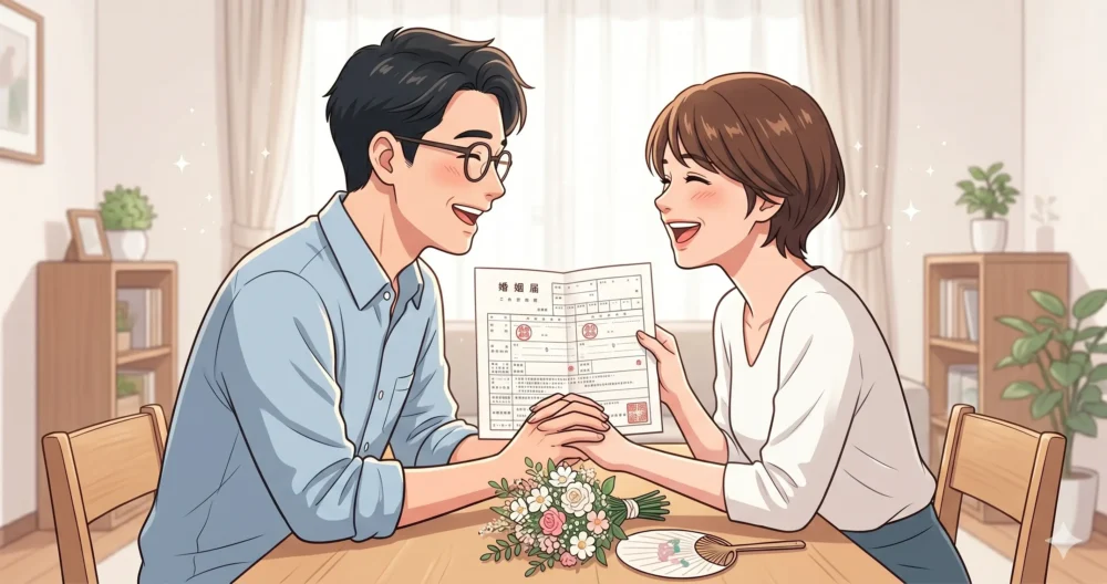婚姻届を手に持ち、幸せそうに微笑み合う新婚夫婦のイラスト。山崎樹範と吉井怜の11月11日の結婚発表イメージ。
