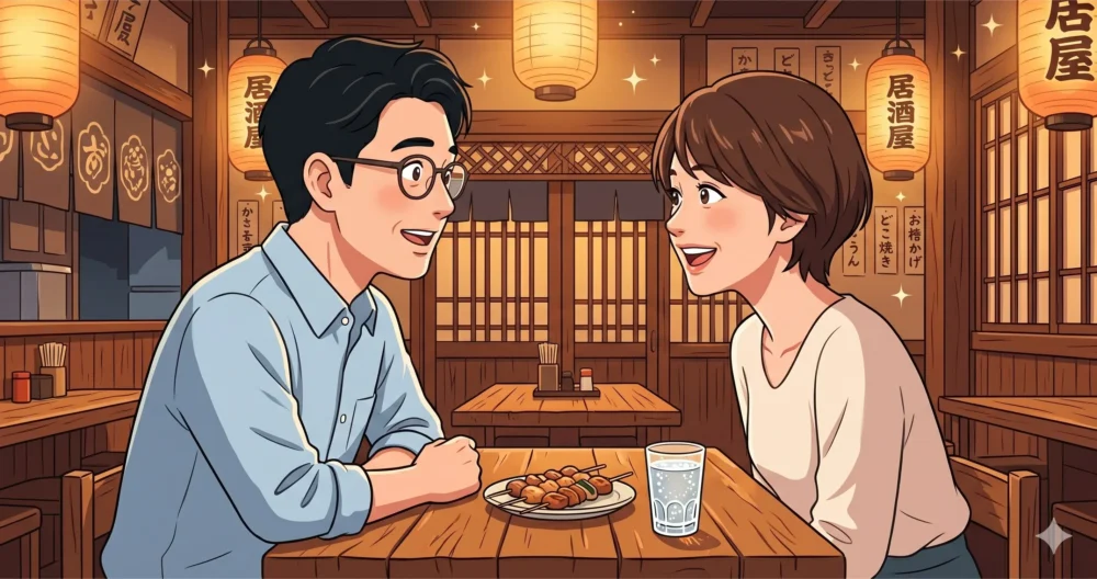 共通の友人を交えた飲食店で、偶然の再会に驚きつつも嬉しそうに見つめ合う男女のイラスト。山崎樹範と吉井怜の馴れ初めイメージ。