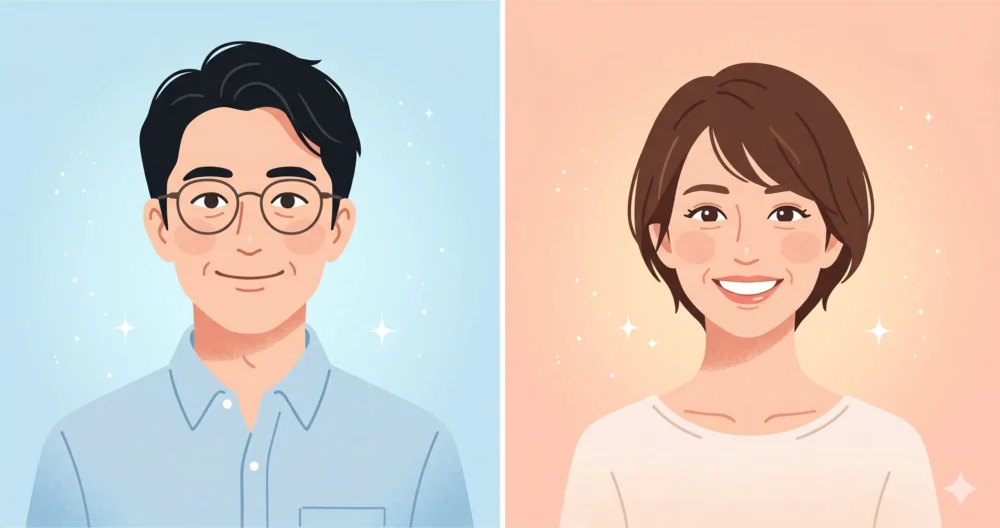 笑顔で並ぶメガネをかけた男性俳優とショートカットの女性女優のイラスト。山崎樹範・吉井怜夫婦のプロフィール紹介イメージ。