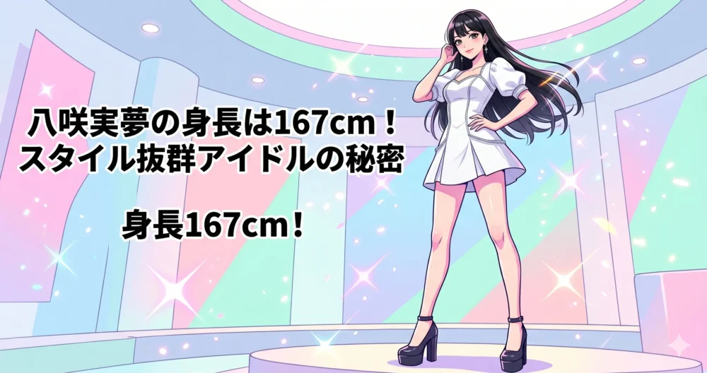 身長167cmの女性アイドルが白いミニワンピースを着て抜群のスタイルと美脚を披露しているイラスト
