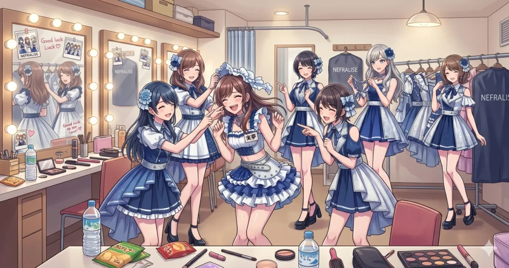楽屋でメンバーに囲まれながら大笑いしている、いじられキャラでムードメーカーな女性アイドルのイラスト