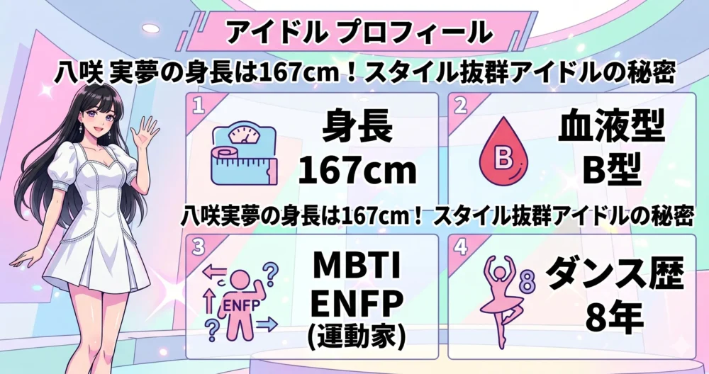 アイドル「八咲実夢」の身長や特技、MBTIなどのプロフィール情報をまとめた分かりやすい図解イラスト