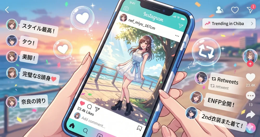 スマートフォンの画面に映し出された、SNS(XやInstagram)で「スタイル抜群」と大バズりしたアイドルの私服写真風イラスト
