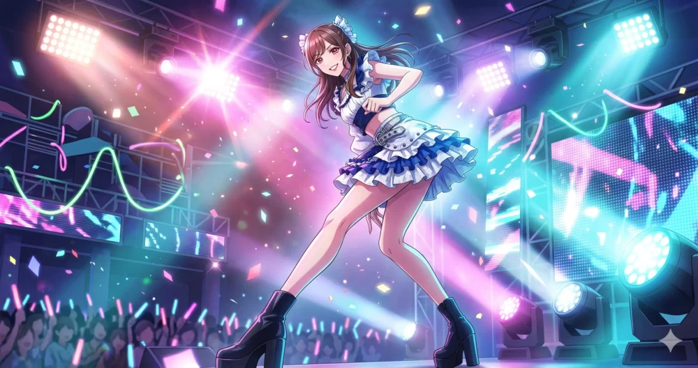 ステージ衣装のミニ丈スカートと9センチの厚底靴を履いて、ダンスパフォーマンスをする高身長アイドルのイラスト