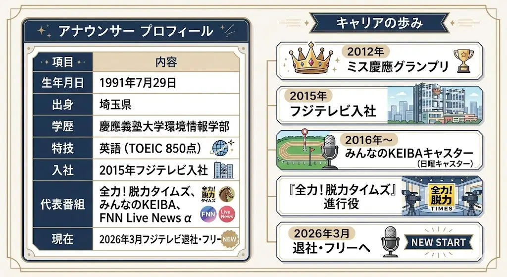 小澤陽子アナウンサーのプロフィールと、ミス慶應、フジテレビ入社からの経歴(イラスト)。