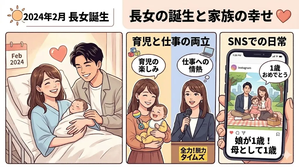 小澤陽子アナと加茂倫明さんの長女誕生と、育児・仕事の両立(イラスト)。