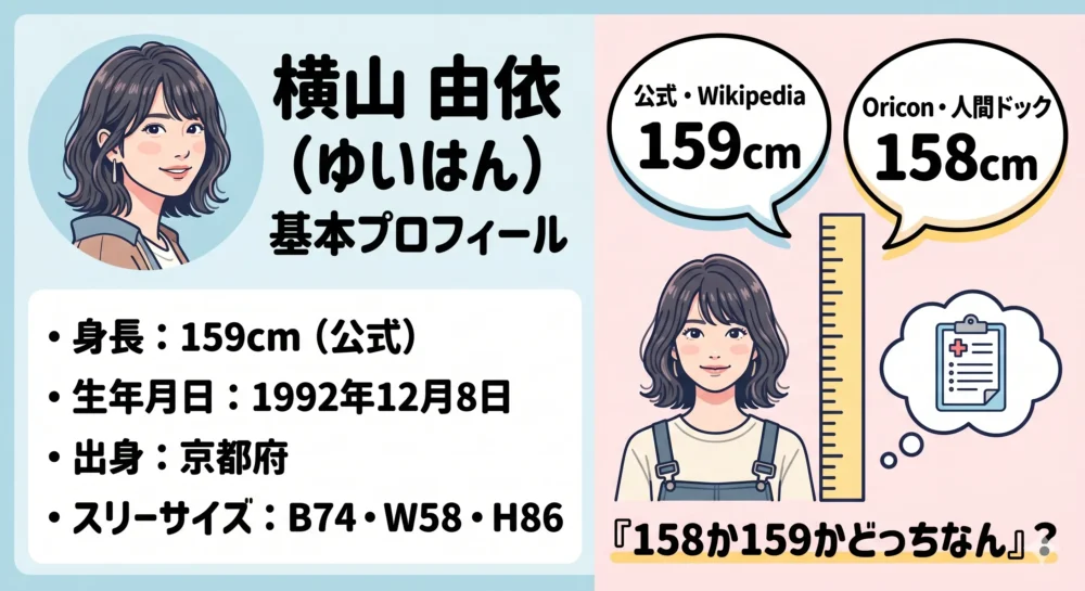 横山由依さんの公式身長159cmと人間ドックでの158cm表記の揺れを解説するイラスト