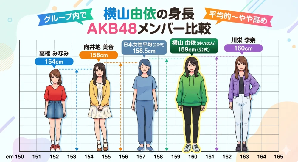 横山由依さんの159cmを、高橋みなみ(154cm)や日本女性平均(158cm)と比較した身長差図解