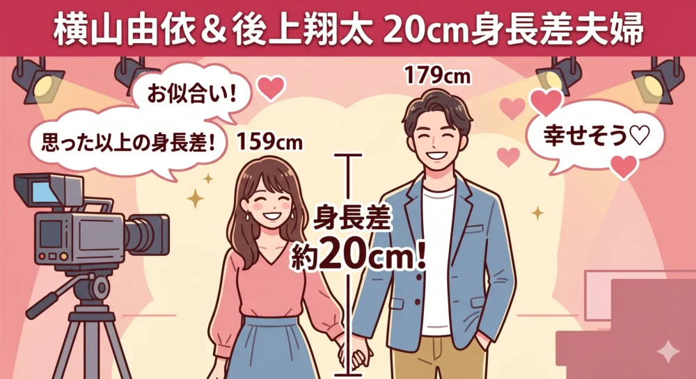 横山由依さんと夫・後上翔太さんの20cmの身長差(159cm対179cm)を表現した幸せなイラスト