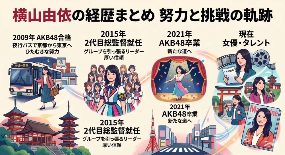 横山由依さんのAKB48合格から総監督、卒業後の女優活動までを追ったタイムラインイラスト