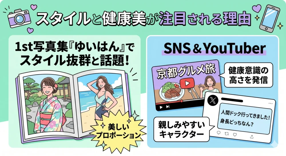 横山由依さんの写真集『ゆいはん』でのスタイル注目と、SNSでの健康意識発信の様子を描いたイラスト