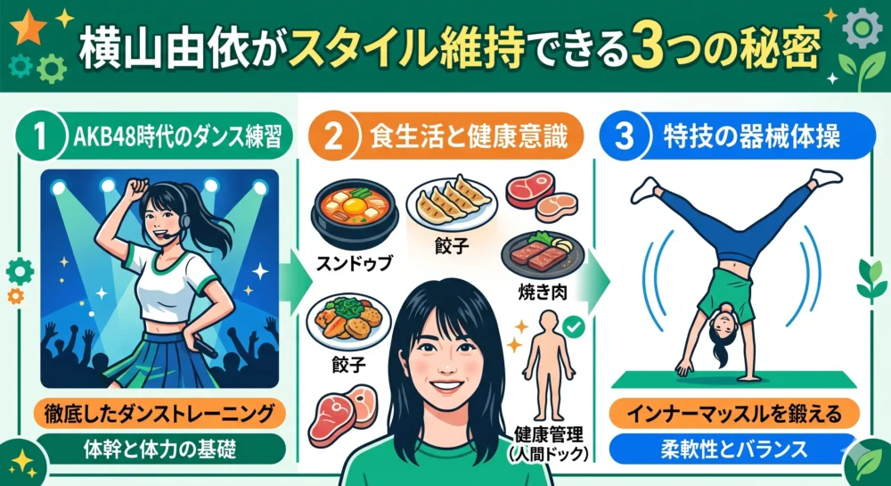 横山由依さんがスタイルを維持する3つの理由(ダンス練習、食生活、特技)をまとめた図解