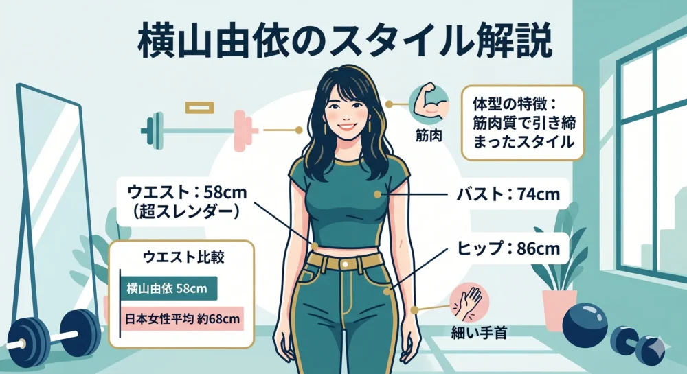横山由依さんのスリーサイズ(B74・W58・H86)と、引き締まった筋肉質のスタイルを表現したイラスト