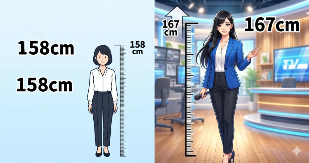 身長167cmの日本人女性アナウンサーと一般女性の平均身長(158cm)をわかりやすく比較したスタイリッシュな身長対比図解イラスト。