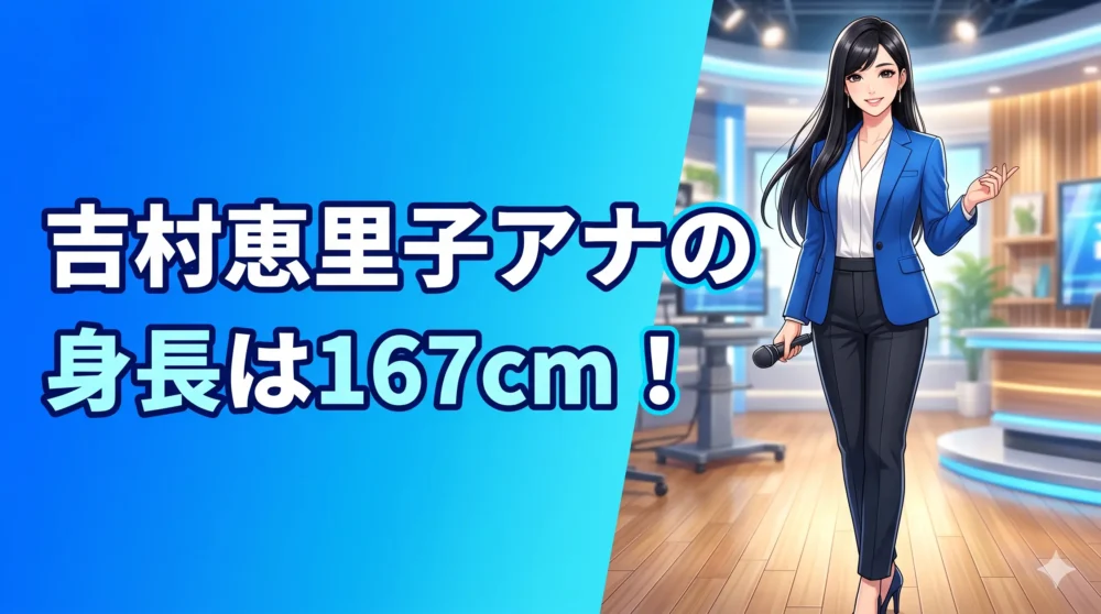 「吉村恵里子アナの身長は167cm！」という日本語タイトルが入った、スタイル抜群で華やかな黒髪ロングの女性アナウンサーのアイキャッチ用イラスト。