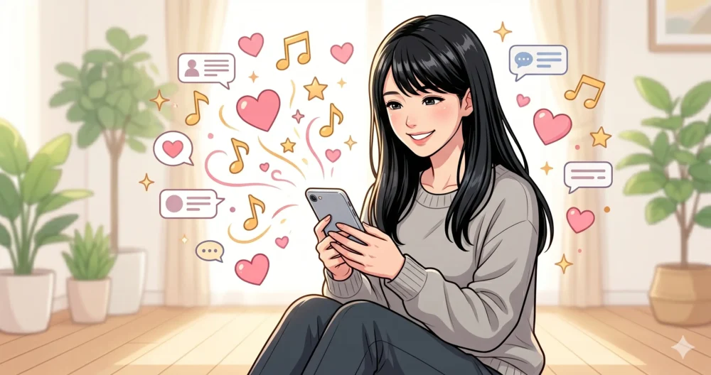 スマートフォンを手に、SNSでファンに向けて蕎麦屋巡りや日常の笑顔を投稿している親しみやすい女性アナウンサーのイラスト。