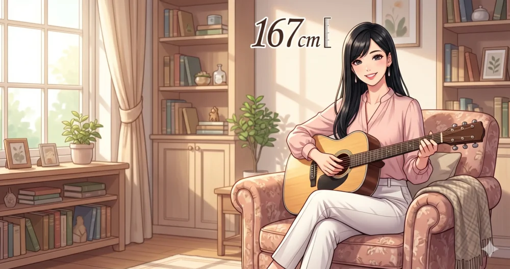 絶対音感の特技を持つ黒髪ロングの女性アナウンサーが、お気に入りのアコースティックギターを持って微笑んでいるイラスト。
