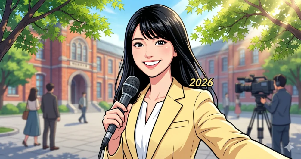 大学時代にリポーターとしてマイクを持ち、テレビカメラの前でハキハキと笑顔でリポートしている女性のイラスト。
