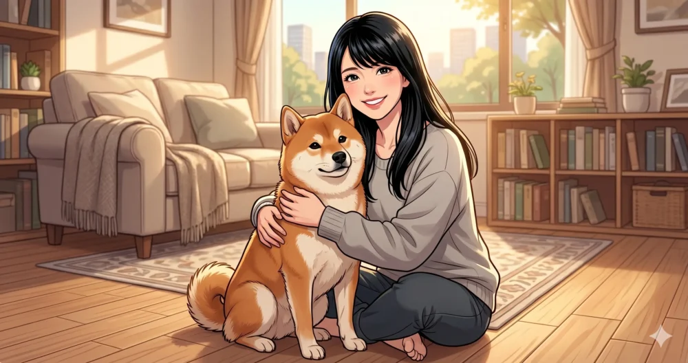 リビングの床に座った時に、座高の高さが同じになった大きめの愛犬と笑顔で並ぶ高身長女性アナウンサーのイラスト。
