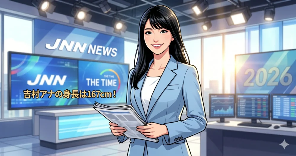 朝の生放送テレビ番組のスタジオで、ニュース原稿を手に凛とした立ち姿で見せる高身長の女性アナウンサーのイラスト。