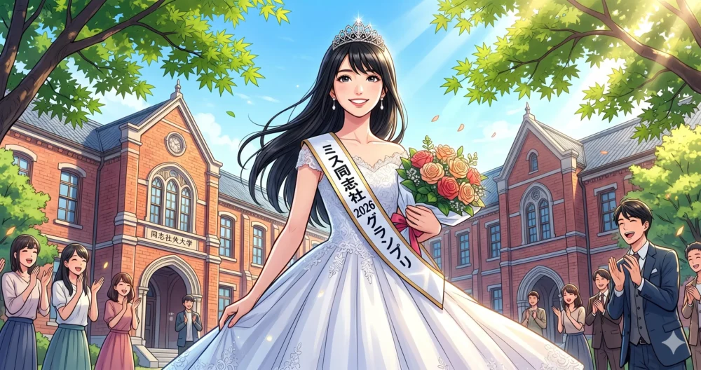 同志社大学の美しいキャンパスをバックに、ミスキャンパスのティアラとサッシュを身につけて華やかに微笑む女子大生のイラスト。