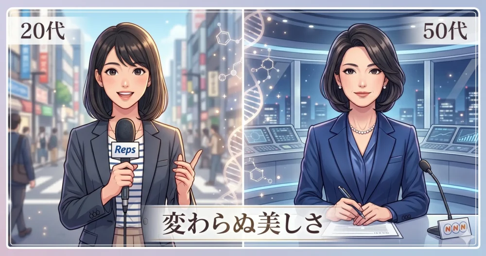 報道キャスターとして活躍し続け、現在も変わらない知性と美貌を保つ姿の比較イメージ