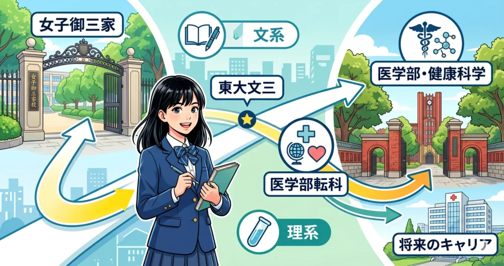 女子御三家から東京大学医学部(健康科学科)へ進学した膳場貴子さんの学歴を表現した図解イラスト