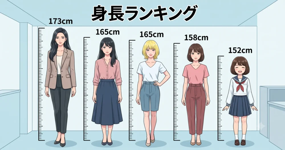 173cmから152cmまで、同世代の日本人女優たちの身長をランキング形式で並べたわかりやすい図解イラスト。