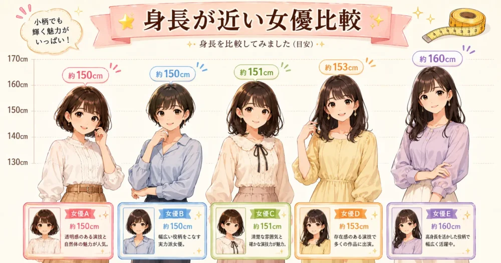 志田未来と身長が近い150cm台の日本人女優を比較したイラスト一覧