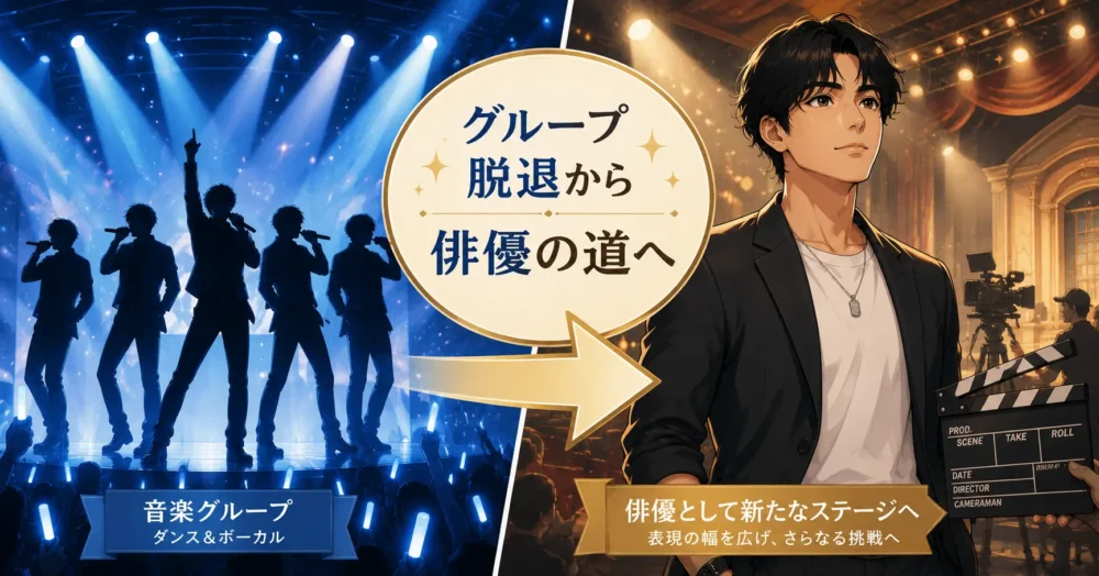A dynamic vector illustration showing a transition from music group to acting career, horizontal aspect ratio 1.91:1. On the left side, silhouette figures on a music concert stage under blue spotlights, representing a dance & vocal group. A prominent forward arrow points toward the right side, where a handsome young Japanese man steps onto a film set / theater stage under warm spotlights. Japanese floating text badge in the center reads "グループ脱退から俳優の道へ". Modern vector art, clean lighting, inspiring atmosphere.