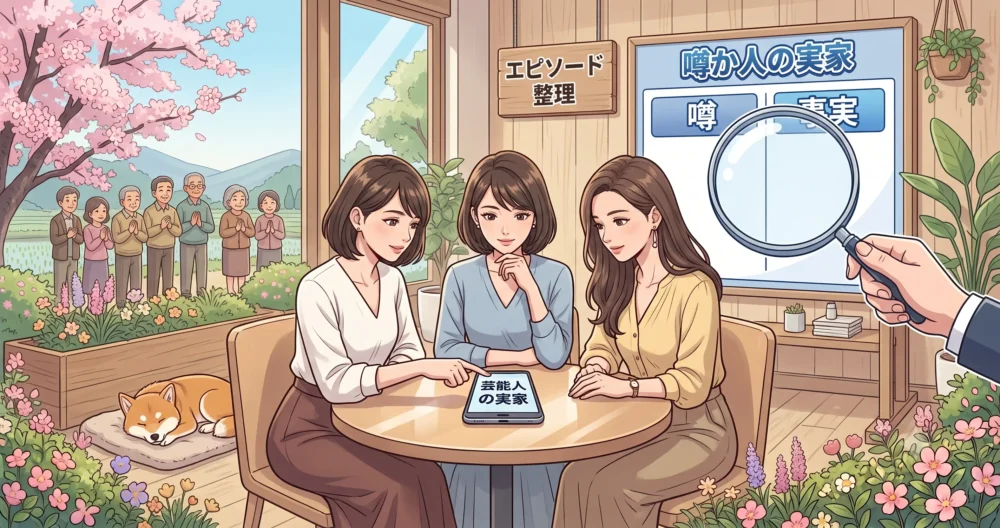 都会的なカフェで、スマートフォンを囲んで他の芸能人の実家エピソードについて楽しそうに話す日本の女性たちのスタイリッシュなアニメイラスト。背景に「芸能人の実家」「エピソード整理」の日本語テキスト。福田萌さんの実家に関する情報の整理と、他の芸能人との比較。