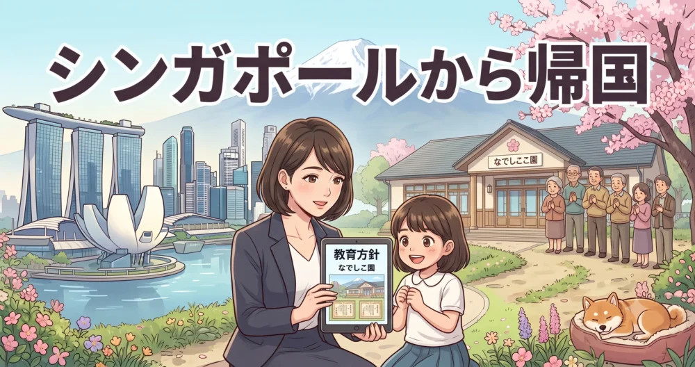 シンガポールの高層ビル群と日本の伝統的なこども園の風景を背景に、タブレットで実家「なでしこ園」の教育方針を確認する母親と子供のイラスト。福田萌さんのシンガポール移住と帰国の選択。