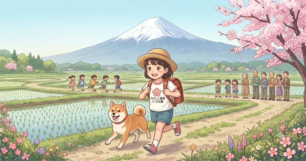 岩手県の豊かな自然の中で、愛犬と楽しそうに遊ぶ、賢そうで活発な女の子のイラスト。福田萌さんの子供時代をイメージ。