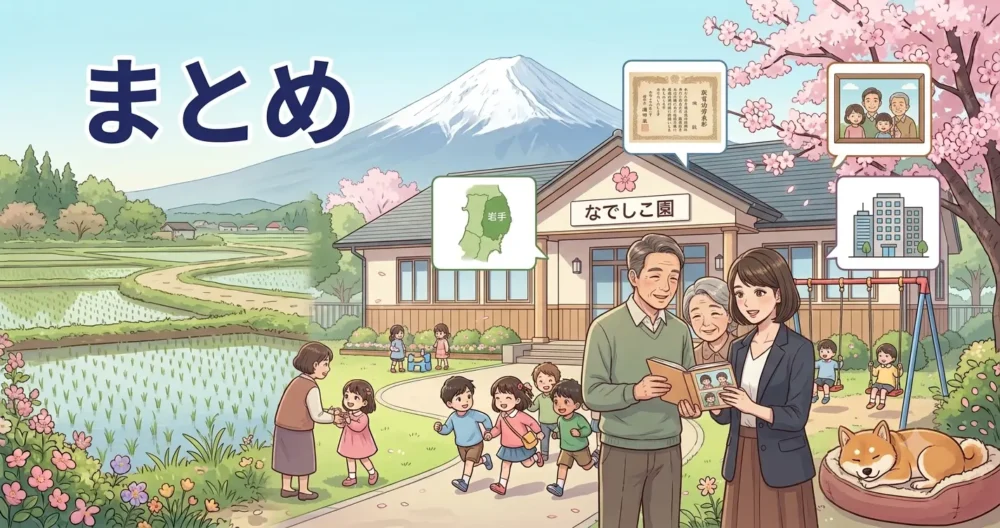 セピア調の光の中で、家族の歩みとこども園の歴史を振り返るフォトアルバムを開いている女性キャラクターのイラスト。まとめのイメージ。