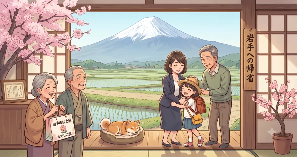 岩手県の実家に帰省し、笑顔で再会する若い夫婦と子供、そして祖父母のイラスト。福田萌さんの実家との強い絆。