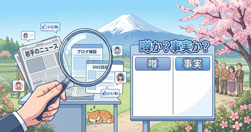 ネット上の噂と事実を整理する図解イラスト。虫眼鏡とノートで「実家はこども園経営」の情報をロジカルに検証。
