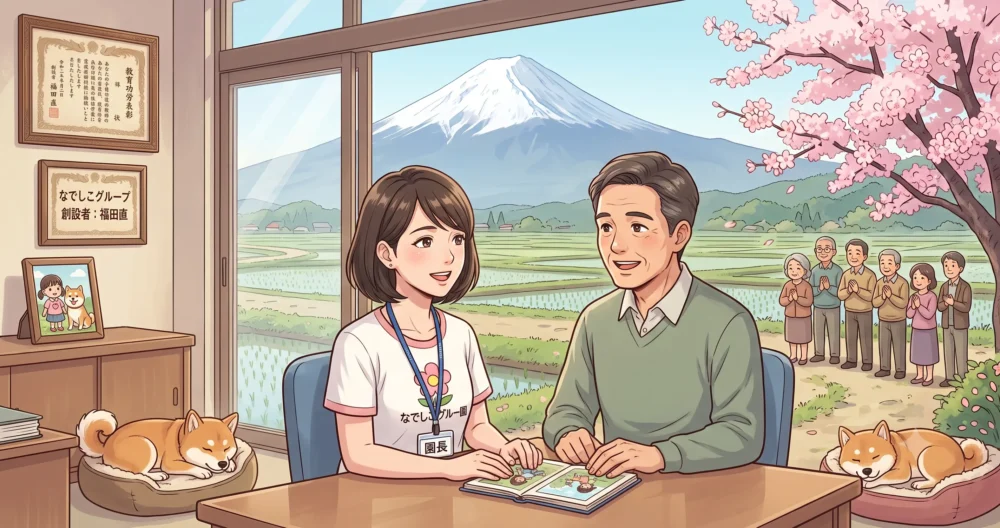 笑顔で談笑する穏やかな日本の夫婦のイラスト。福田萌さんの両親、母親の園長先生としての姿をイメージ。