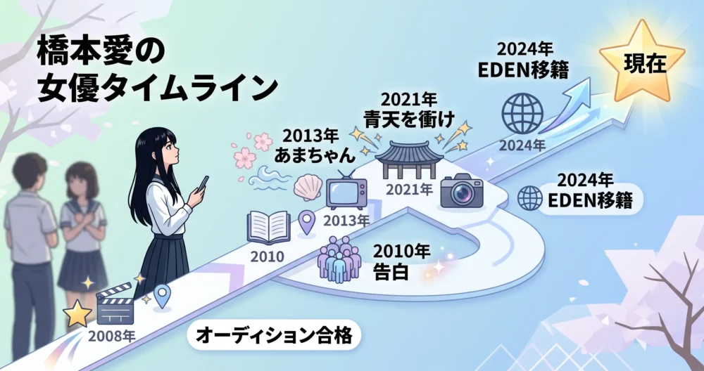 学生時代から大河ドラマ、映画出演までをまとめた経歴の図解イラスト