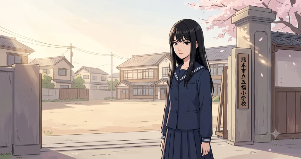 熊本の公立小学校に通う、クールで大人びた雰囲気を持つ黒髪の少女のイラスト