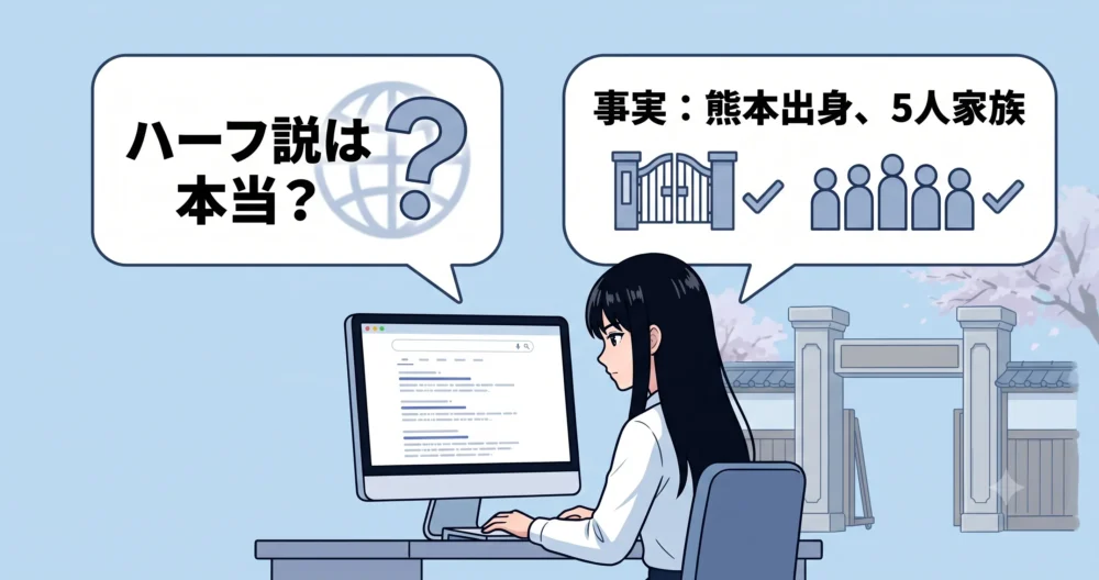 ネット上の噂（ハーフ説など）を冷静に検証する女性のイラスト図解