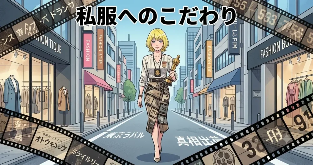165cmの身長を活かし、海外ブランドのおしゃれな私服を着こなして街を歩く女性のイラスト。