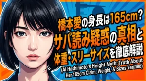 橋本愛の身長は165cm？サバ読み疑惑の真相と体重を徹底検証」というタイトルが入った、透明感溢れる女優風のアイキャッチイラスト。