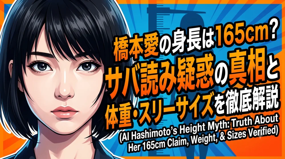 橋本愛の身長は165cm？サバ読み疑惑の真相と体重を徹底検証」というタイトルが入った、透明感溢れる女優風のアイキャッチイラスト。